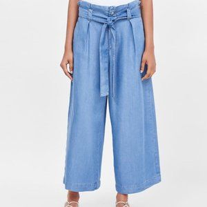 Zara Denim Soft Paperbag Tie-Waist Culotte Pants